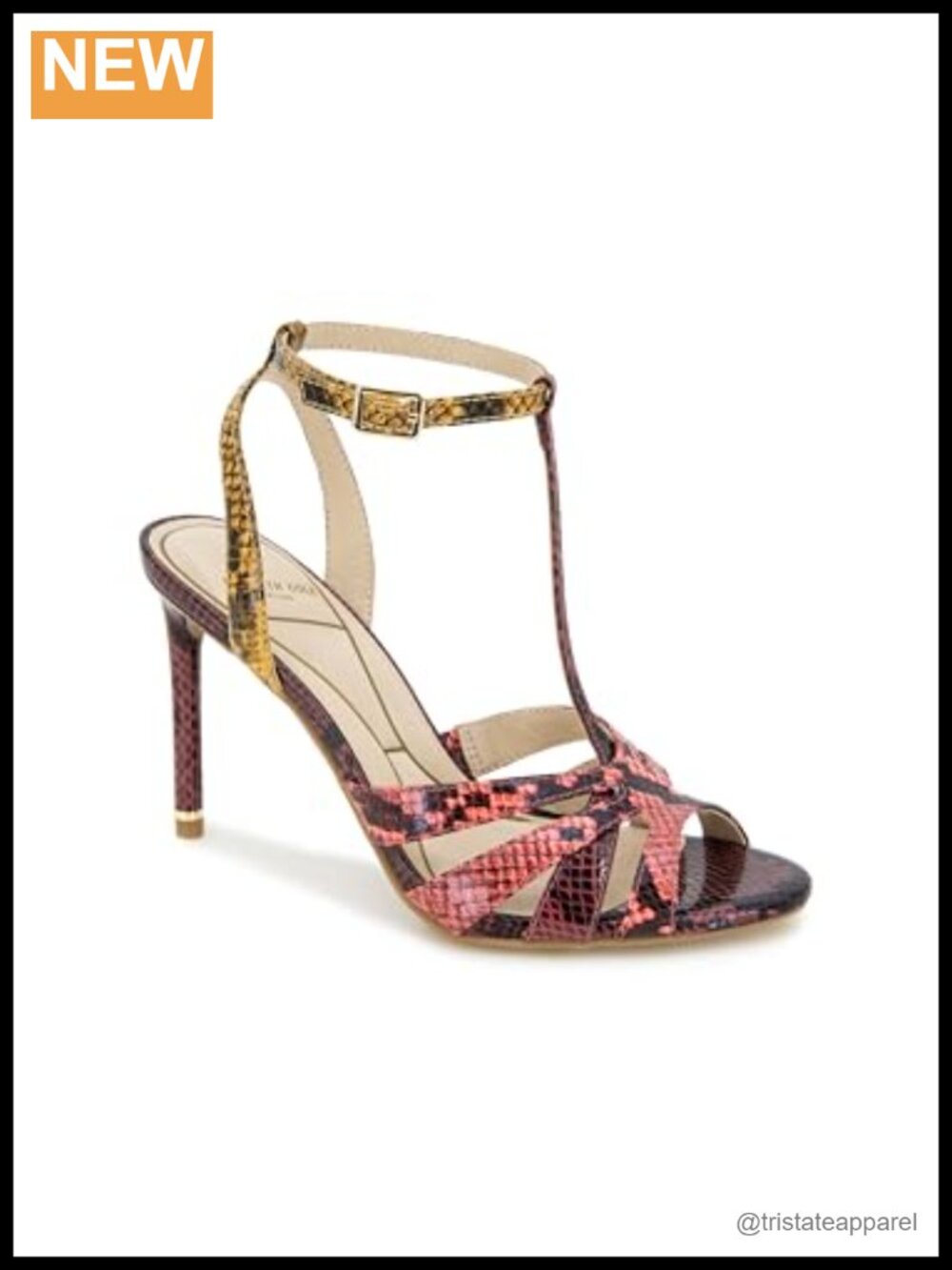 Faux Leather T-Strap Dress Sandal with Cushioned Sock and Flare Heel